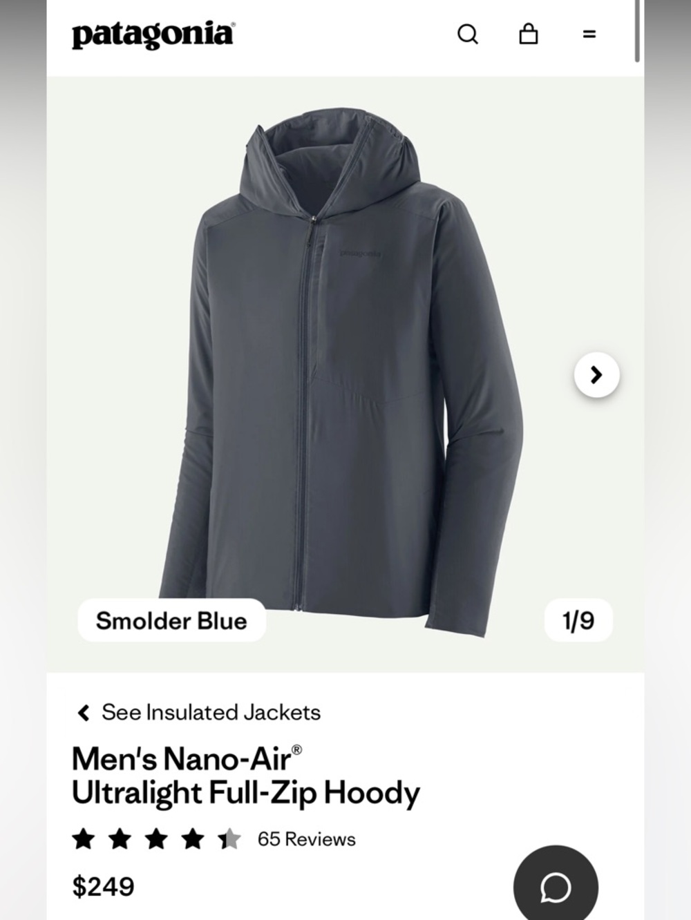Patagonia Nano-Air Ultralight Full Zip Hoody Jacket Men’s Large New Outdoor